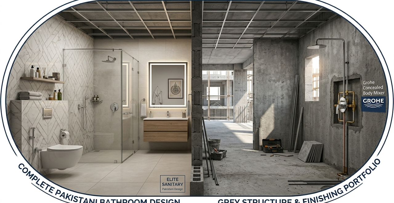Bathroom design and unfinished structure shown side by side